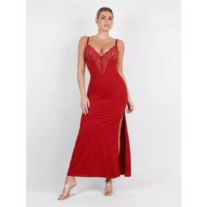 Popilush The Shapewear Slip Maxi Dress Women's M Red Lace Slit Adjustable Y2K